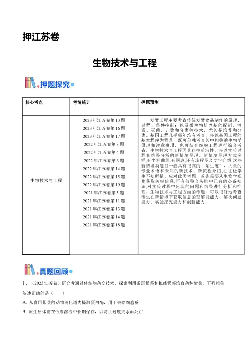 押江苏卷选择题生物技术与工程（原卷版）_2024年新高考资料_5.2024三轮冲刺_备战2024年高考生物临考题号押题（江苏专用）322855714_押江苏卷选择题生物技术与工程（原卷版）