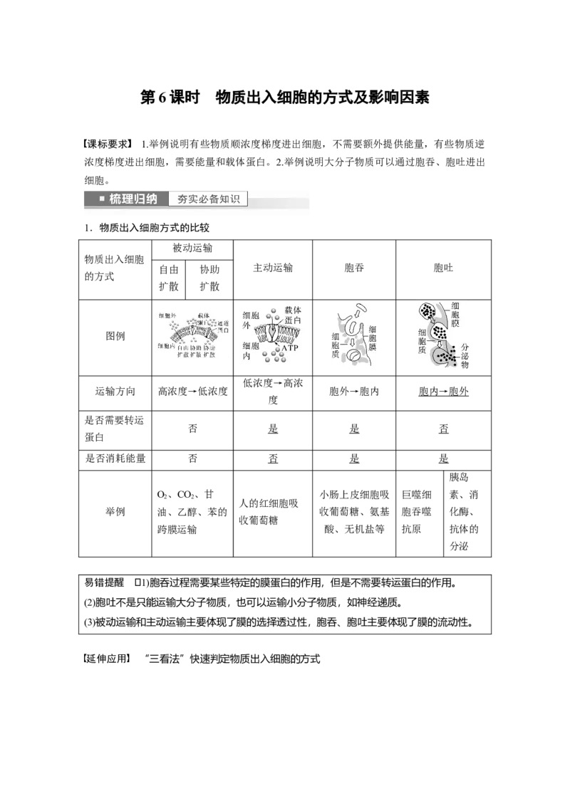 2023年高考生物一轮复习（新人教新高考）第2单元第6课时　物质出入细胞的方式及影响因素_新高考复习资料_2023年新高考复习资料_一轮复习_2023年新高考大一轮复习讲义