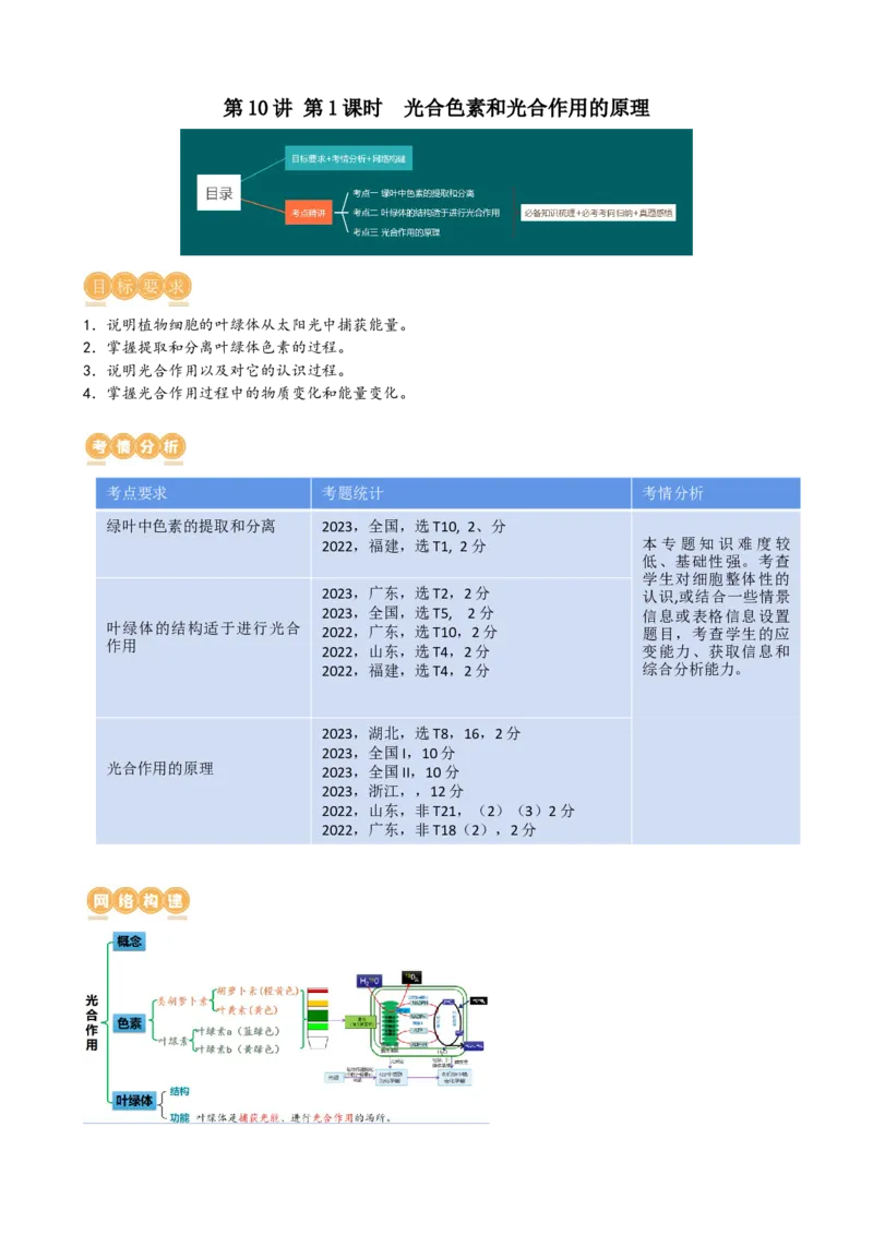 第10.1讲光合色素和光合作用原理（讲义）（学生版）_2024年新高考资料_1.2024一轮复习_2024年高考生物一轮复习讲练测（新教材新高考）