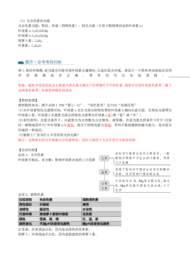 第10.1讲光合色素和光合作用原理（讲义）（学生版）_2024年新高考资料_1.2024一轮复习_2024年高考生物一轮复习讲练测（新教材新高考）