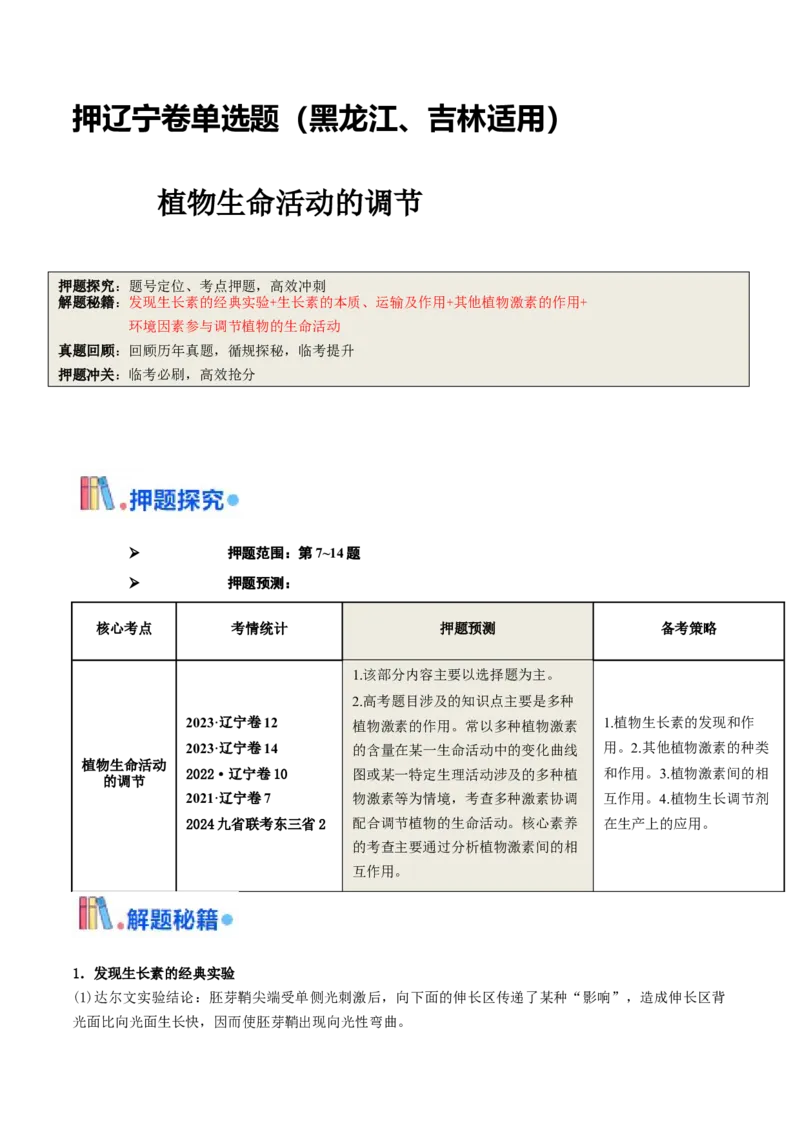 押题点09植物生命活动的调节（原卷版）_2024年新高考资料_5.2024三轮冲刺_备战2024年高考生物临考题号押题（辽宁、黑龙江、吉林专用）322857720