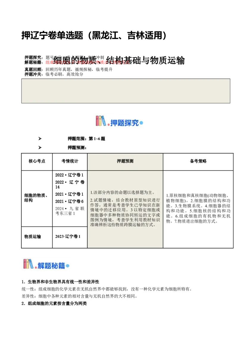 押题点04细胞的物质、结构基础与物质运输（解析版）_2024年新高考资料_5.2024三轮冲刺_备战2024年高考生物临考题号押题（辽宁、黑龙江、吉林专用）322857720