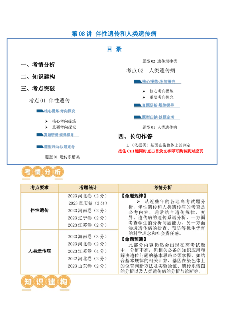 第08讲伴性遗传和人类遗传病（讲义）（解析版）_2024年新高考资料_2.2024二轮复习_2024年高考生物二轮复习讲练测（新教材新高考）