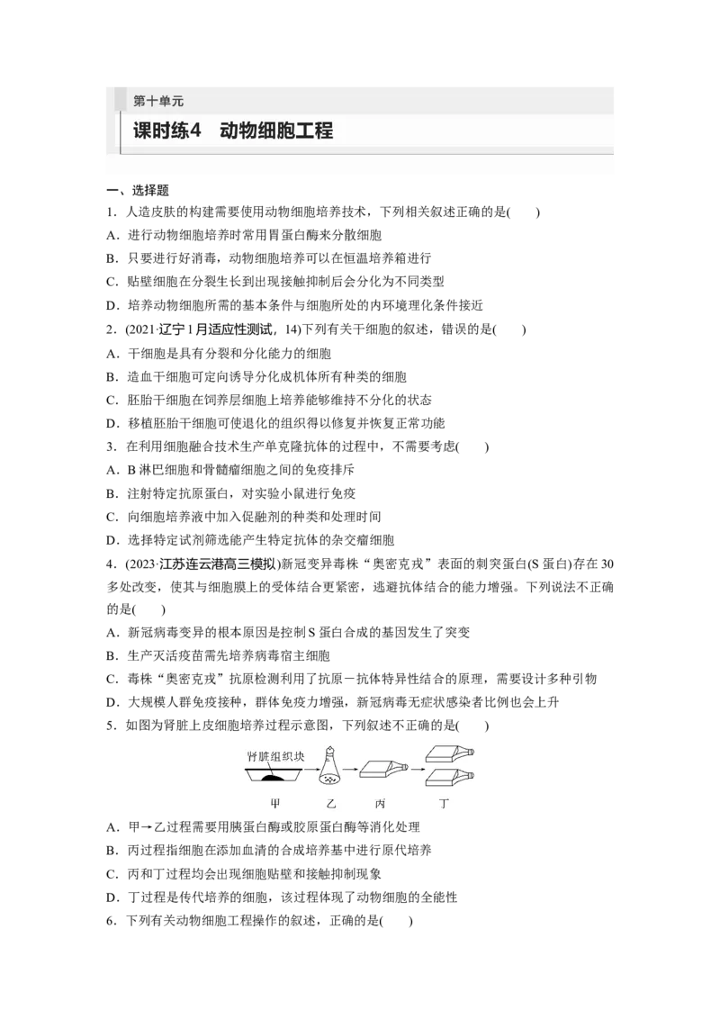 第10单元　课时练4　动物细胞工程_2024年新高考资料_1.2024一轮复习_2024年高考生物一轮复习讲义（新人教版）_学生版在此文件夹_一轮复习69练_第十单元　生物技术与工程