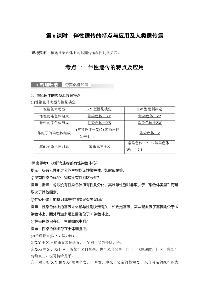 2023年高考生物一轮复习（新人教新高考）第5单元第6课时　伴性遗传的特点与应用及人类遗传病_新高考复习资料_2023年新高考复习资料_一轮复习_2023年新高考大一轮复习讲义