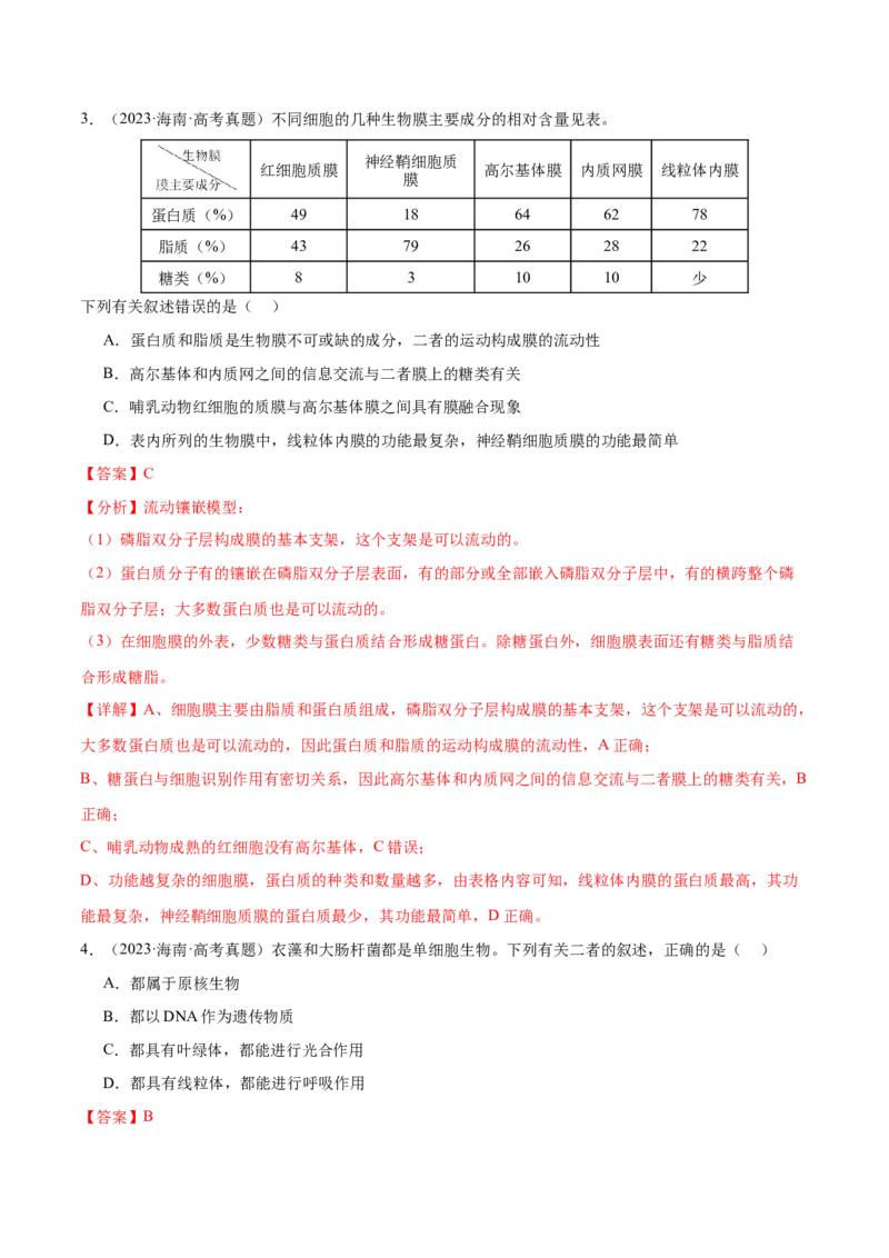 押新高考卷细胞的结构与物质进出细胞的方式（解析版）-备战2024年高考生物临考题号押题（新高考通用）_2024年新高考资料_5.2024三轮冲刺_押单项选择题
