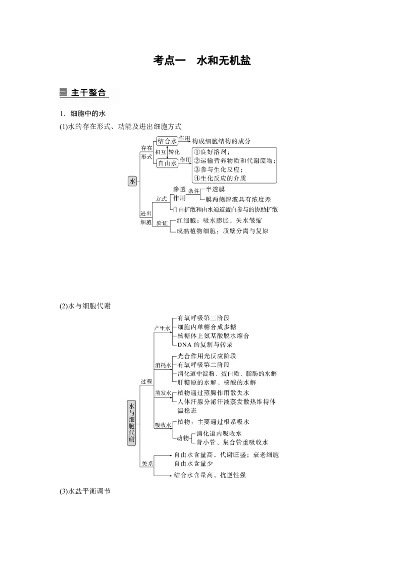 2023年高考生物二轮复习（全国版）第1篇专题突破专题1考点1　水和无机盐_通用版（老高考）复习资料_2023年复习资料_二轮复习_2023年高考生物二轮复习讲义+课件（全国版）