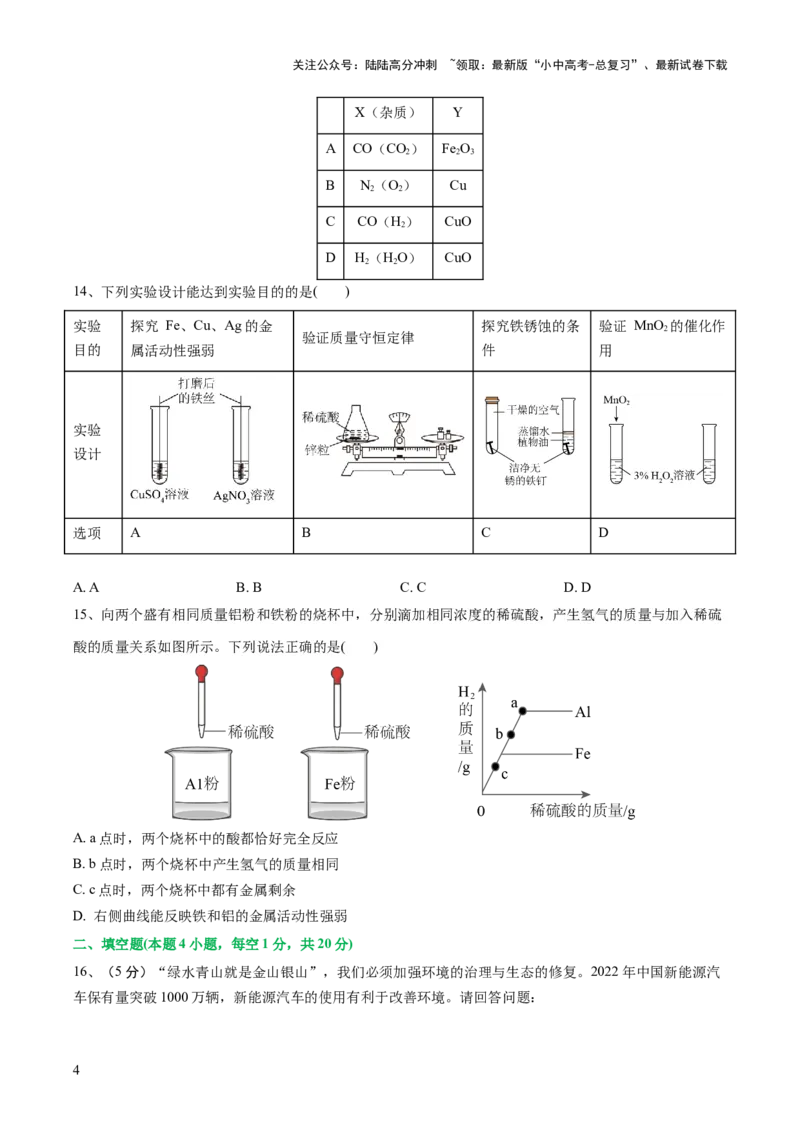 专题06金属和金属材料（测试）-2024年中考化学一轮复习讲练测（全国通用）（原卷版）_02中考总复习（2026版更新中）_05-化学-中考总复习_2024年中考复习资料_一轮复习资料