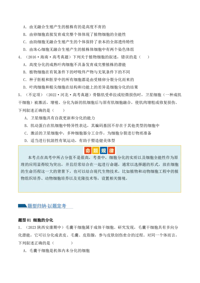 第06讲细胞的分化、衰老和死亡（讲义）原卷版_2024年新高考资料_2.2024二轮复习_2024年高考生物二轮复习讲练测（新教材新高考）