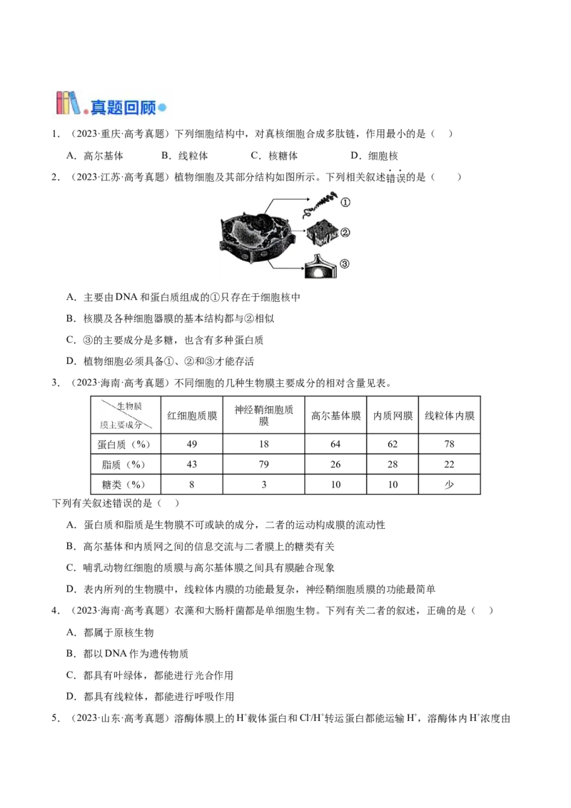 押新高考卷细胞的结构与物质进出细胞的方式（原卷版）-备战2024年高考生物临考题号押题（新高考通用）_2024年新高考资料_5.2024三轮冲刺_押单项选择题