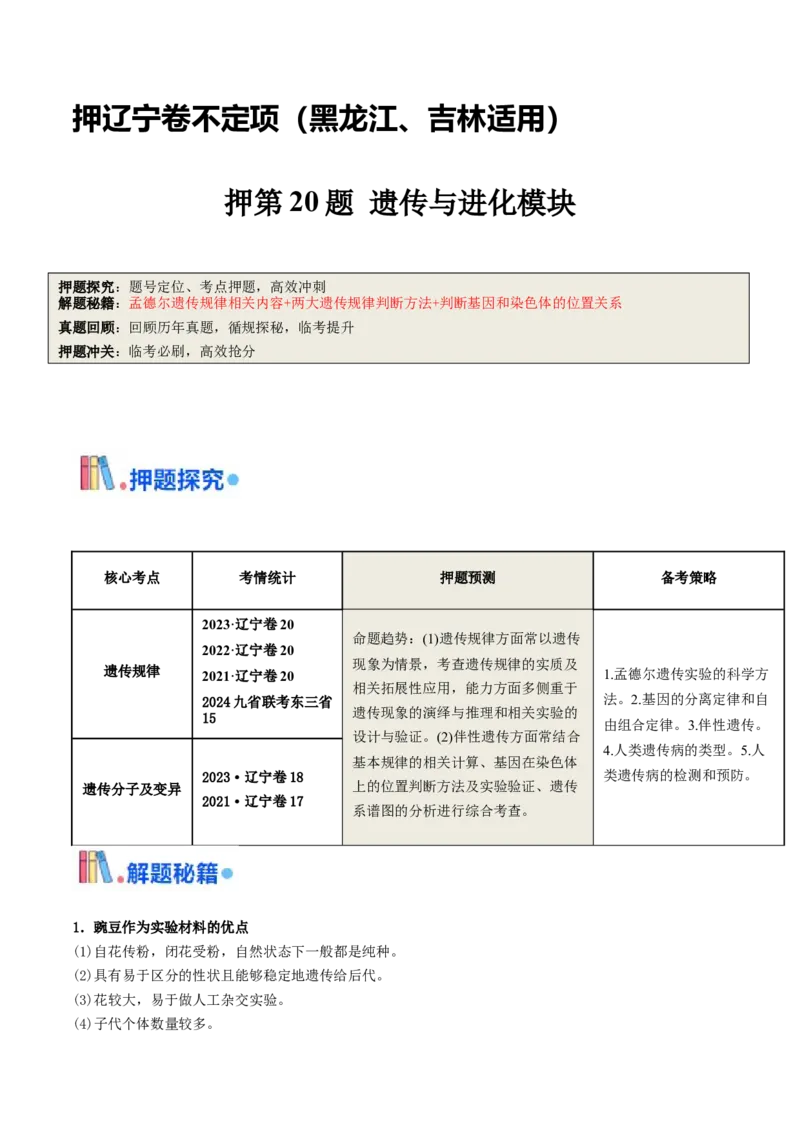 押第20题遗传与进化模块（原卷版）_2024年新高考资料_5.2024三轮冲刺_备战2024年高考生物临考题号押题（辽宁、黑龙江、吉林专用）322857720