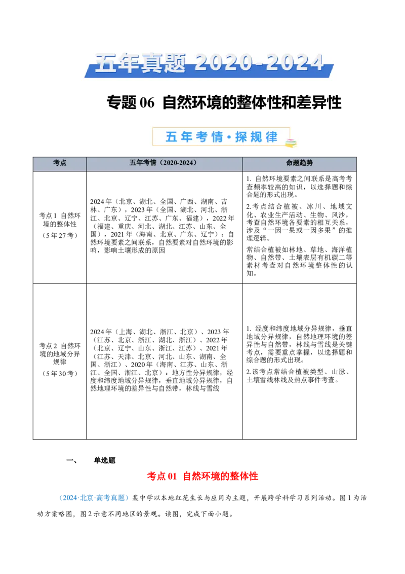 专题06自然环境整体性和差异性+解析版_2025年新高考资料_二轮复习_2025年高三地理高考二轮复习专项提升（新高考通用）3405802_真题演练