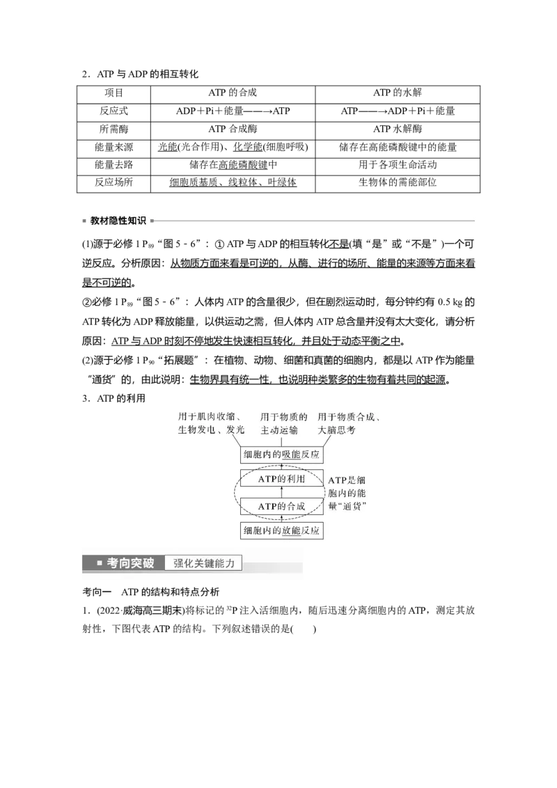 2023年高考生物一轮复习（全国版）第3单元第2课时　细胞的能量&ldquo;通货&rdquo;&mdash;&mdash;ATP_通用版（老高考）复习资料_2023年复习资料_一轮复习_2023年高考生物一轮复习讲义+课件（全国版）