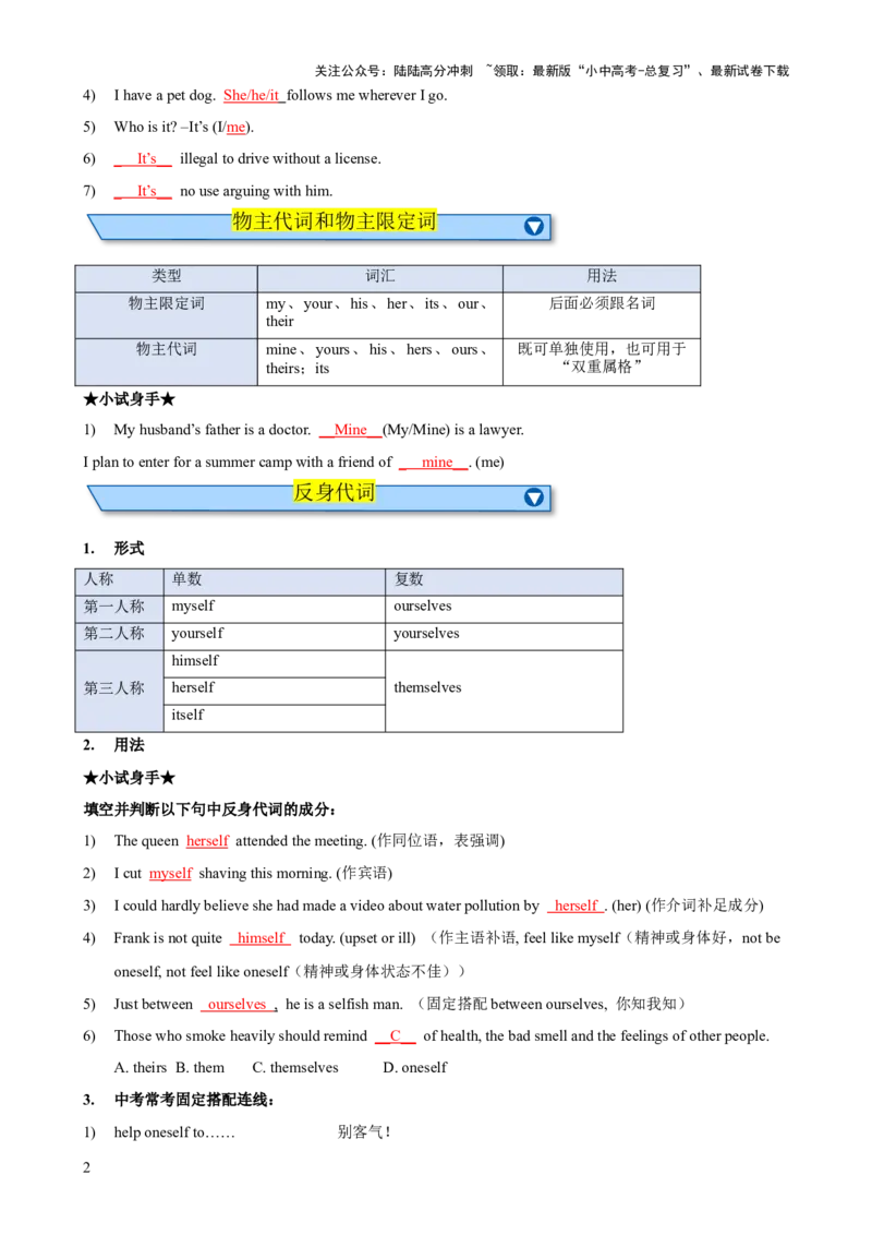 专题07代词和限定词知识梳理-口袋书2024年中考英语一轮复习知识清单（全国通用）（解析版）_02中考总复习（2026版更新中）_03-英语-中考总复习_2024年中考复习资料_一轮复习
