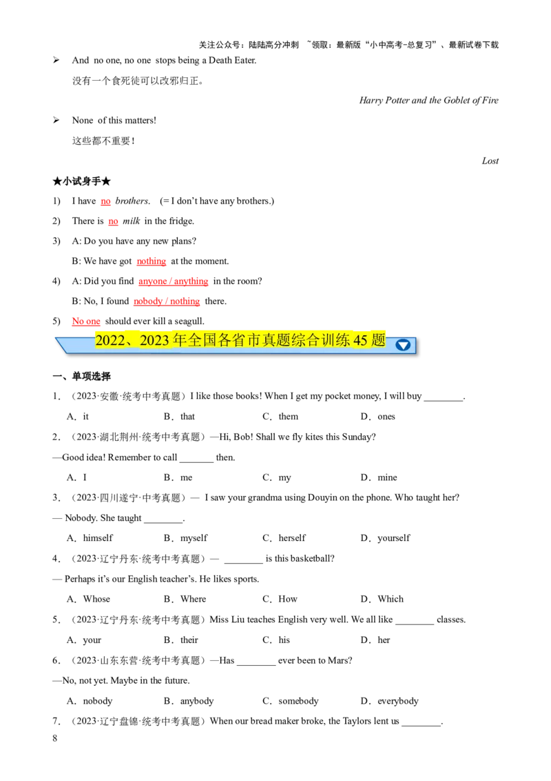 专题07代词和限定词知识梳理-口袋书2024年中考英语一轮复习知识清单（全国通用）（解析版）_02中考总复习（2026版更新中）_03-英语-中考总复习_2024年中考复习资料_一轮复习