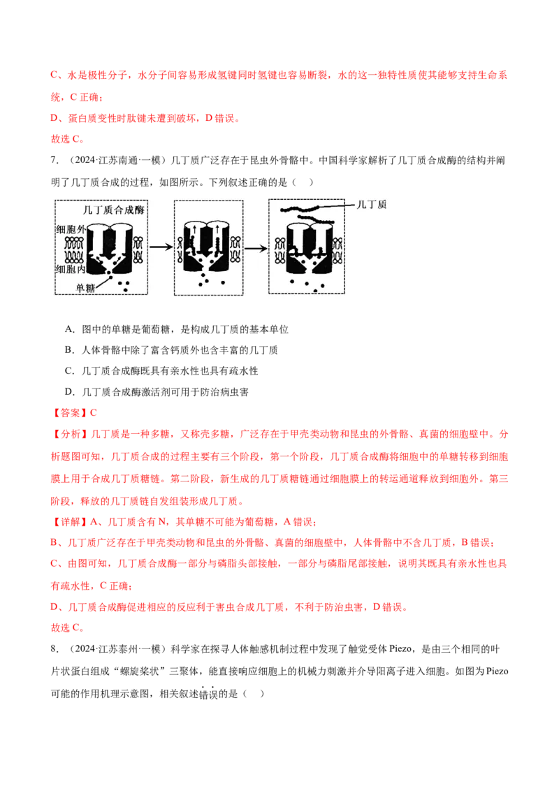 押江苏卷选择题细胞的物质基础和结构基础（解析版）_2024年新高考资料_5.2024三轮冲刺_备战2024年高考生物临考题号押题（江苏专用）322855714
