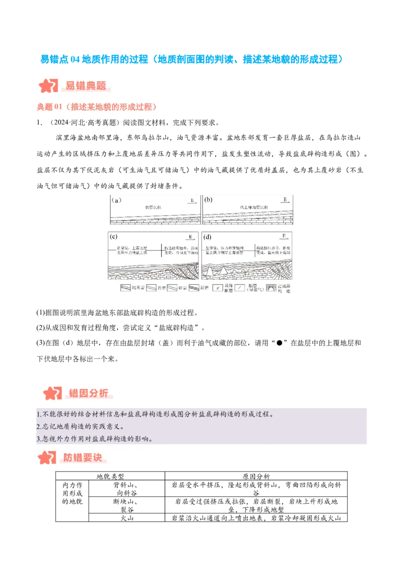 专题05地质作用与地表形态的变化易错提分（4大易错点）（原卷版）_2025年新高考资料_二轮复习_2025年高三地理高考二轮复习专项提升（新高考通用）3405802_易错专练