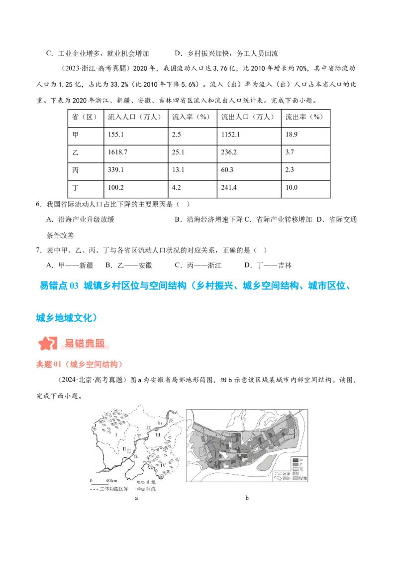 专题07人口与城市易错提分（4大易错点）（原卷版）_2025年新高考资料_二轮复习_2025年高三地理高考二轮复习专项提升（新高考通用）3405802_易错专练