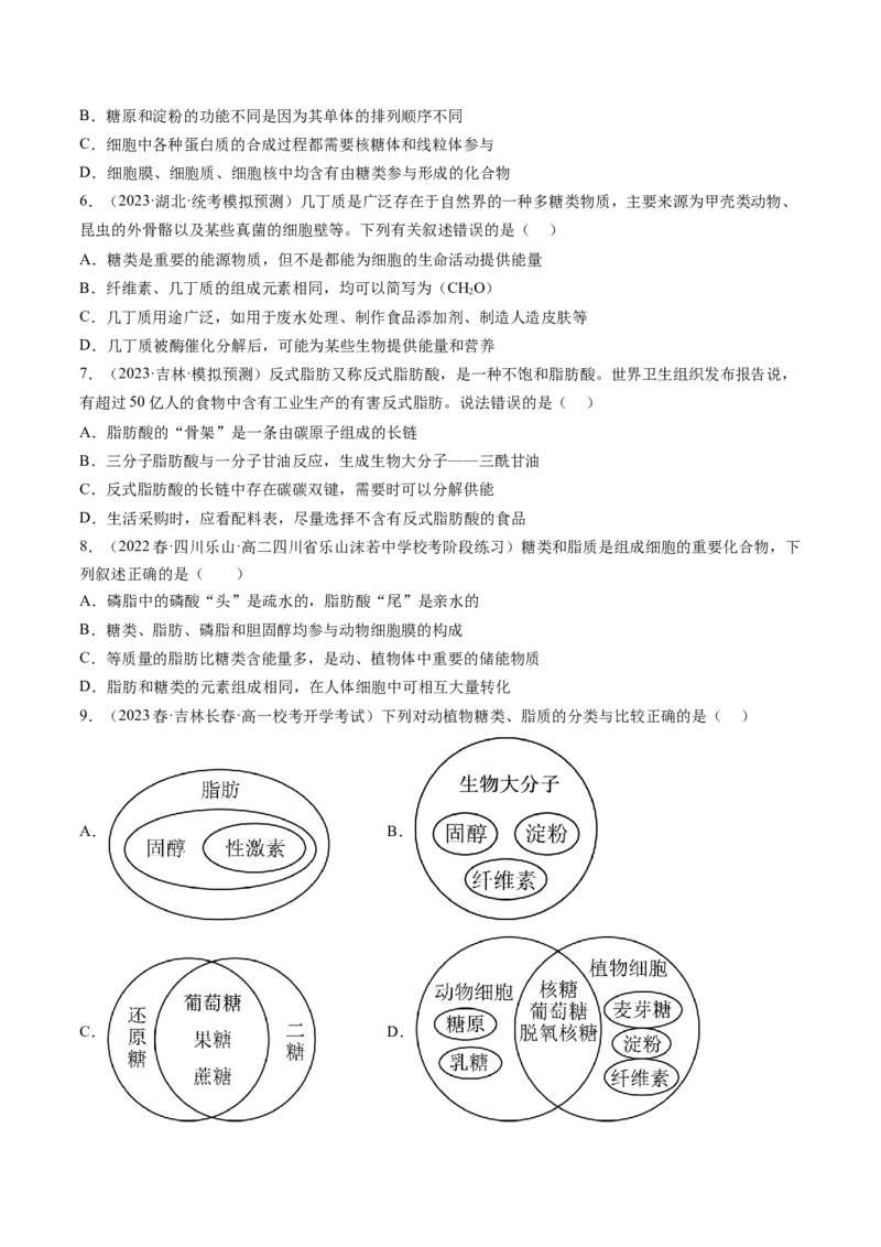 第3讲糖类和脂质（练习）（原卷版）_2024年新高考资料_1.2024一轮复习_2024年高考生物一轮复习讲练测（新教材新高考）