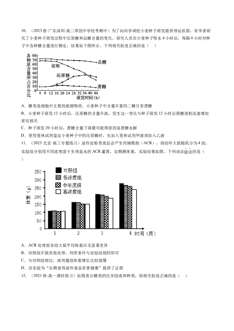第3讲糖类和脂质（练习）（原卷版）_2024年新高考资料_1.2024一轮复习_2024年高考生物一轮复习讲练测（新教材新高考）