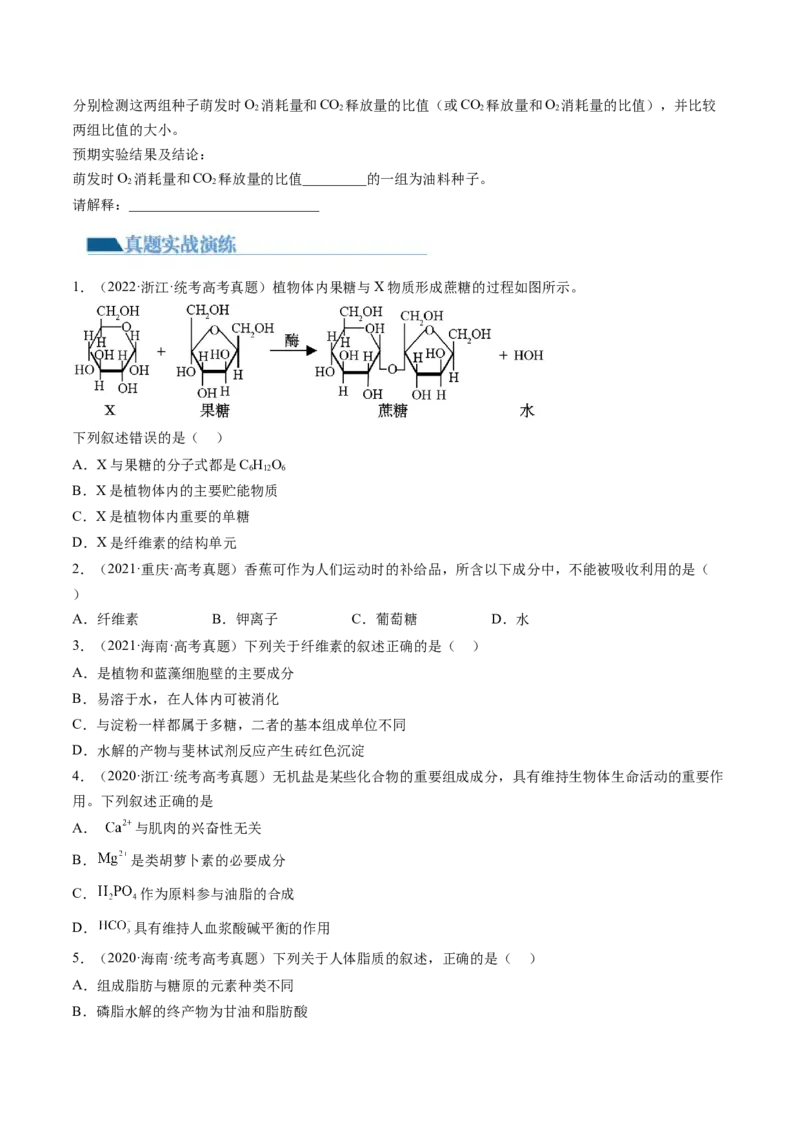 第3讲糖类和脂质（练习）（原卷版）_2024年新高考资料_1.2024一轮复习_2024年高考生物一轮复习讲练测（新教材新高考）
