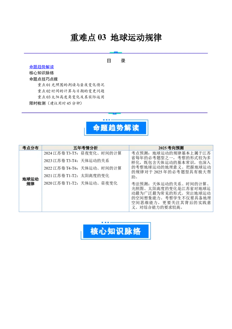 重难点03地球运动规律（原卷版）_2025年新高考资料_二轮复习_2025年高三地理高考二轮复习专项提升（新高考通用）3405802_重点&middot;难点&middot;热点专练（分地区）_江苏专用