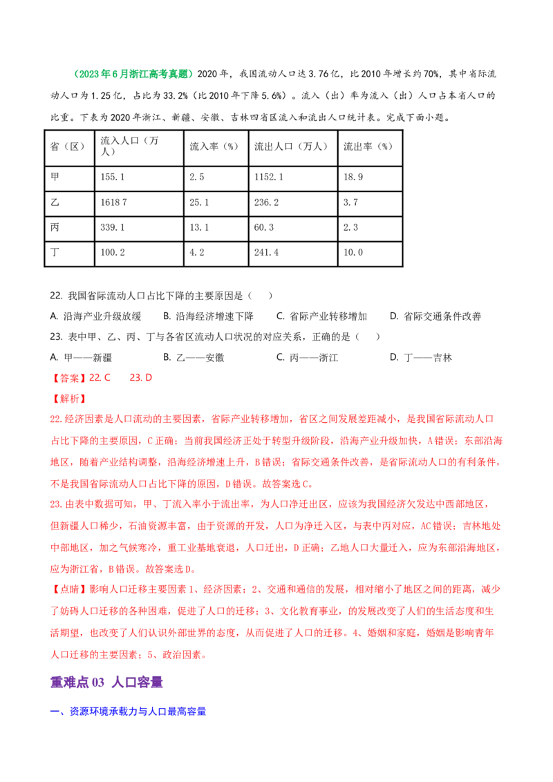 重难点07人口与地理环境（浙江专用）（解析版）_2025年新高考资料_二轮复习_01高考语文等多个文件_2025年高三地理高考二轮复习专项提升_重点&middot;难点&middot;热点专练（分地区）_浙江专用