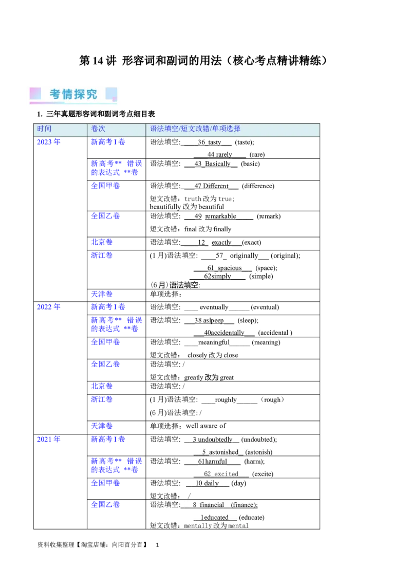 第14讲形容词和副词的用法（核心考点精讲精练）（解析版）-备战2024年高考英语一轮复习考点帮（全国通用）_03高考英语_通用版（老高考）复习资料_2024年复习资料_第二部分语法