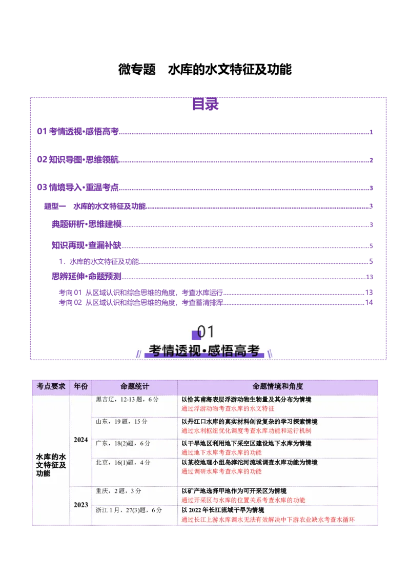 微专题水库的水文特征及功能（讲义）（原卷版）_2025年新高考资料_二轮复习_2025年高三地理高考二轮复习专项提升（新高考通用）3405802_二轮讲义