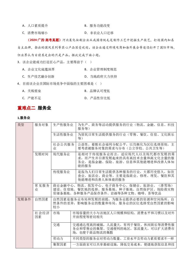 重难点10工业、服务业与产业结构的变化（原卷版）_2025年新高考资料_二轮复习_01高考语文等多个文件_2025年高三地理高考二轮复习专项提升_重点&middot;难点&middot;热点专练（分地区）_新高考通用
