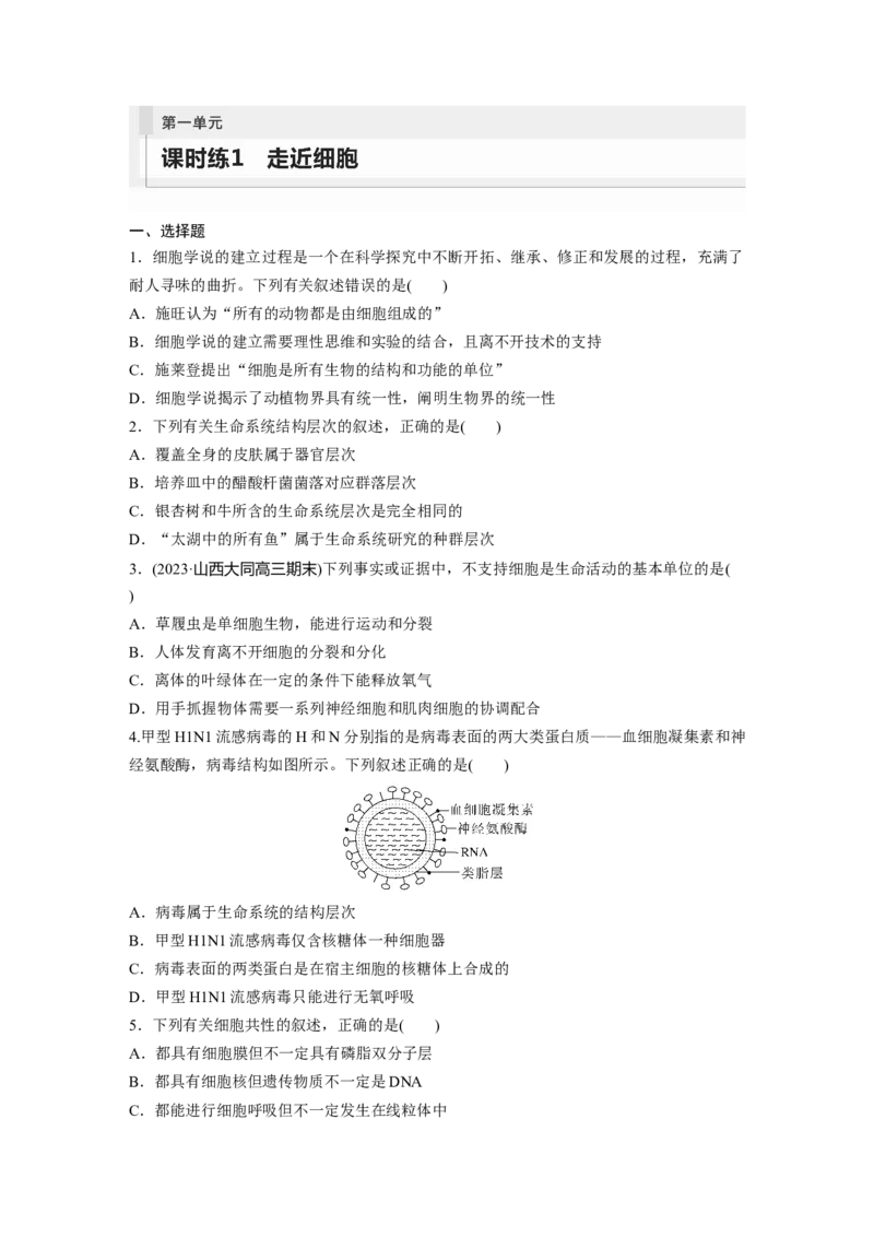 第1单元　课时练1　走近细胞_2024年新高考资料_1.2024一轮复习_2024年高考生物一轮复习讲义（新人教版）_学生版在此文件夹_一轮复习69练_第一单元　细胞的概述及其分子组成
