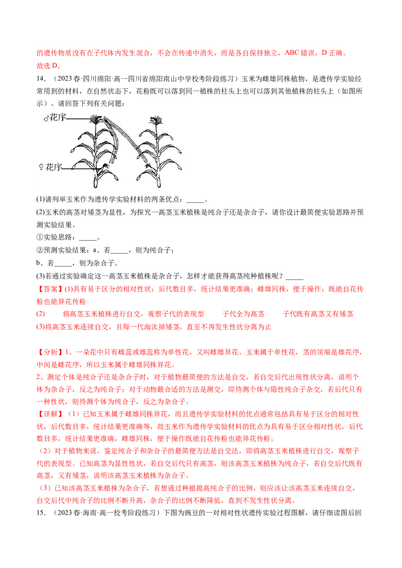第15讲遗传的基础知识（练习）（解析版）_2024年新高考资料_1.2024一轮复习_2024年高考生物一轮复习讲练测（新教材新高考）