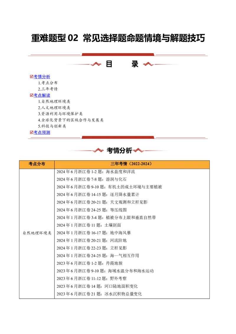 重难题型02常见选择题命题情境与解题技巧-2025年高考地理热点&middot;重点&middot;难点专练（浙江专用）（原卷版）_2025年新高考资料_二轮复习_01高考语文等多个文件_浙江专用