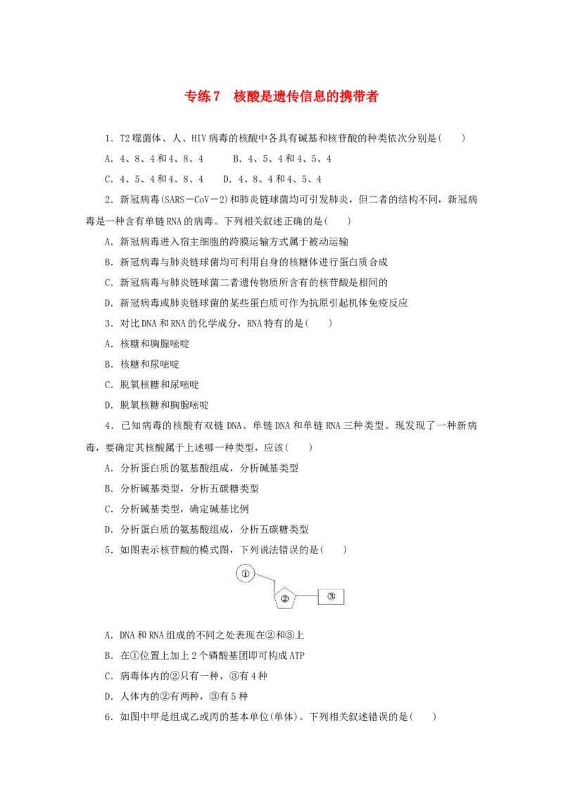 2023版新教材高考生物微专题小练习专练7核酸是遗传信息的携带者202208091239_通用版（老高考）复习资料_2023年复习资料_一轮复习_2023届高考生物一轮微专题100练