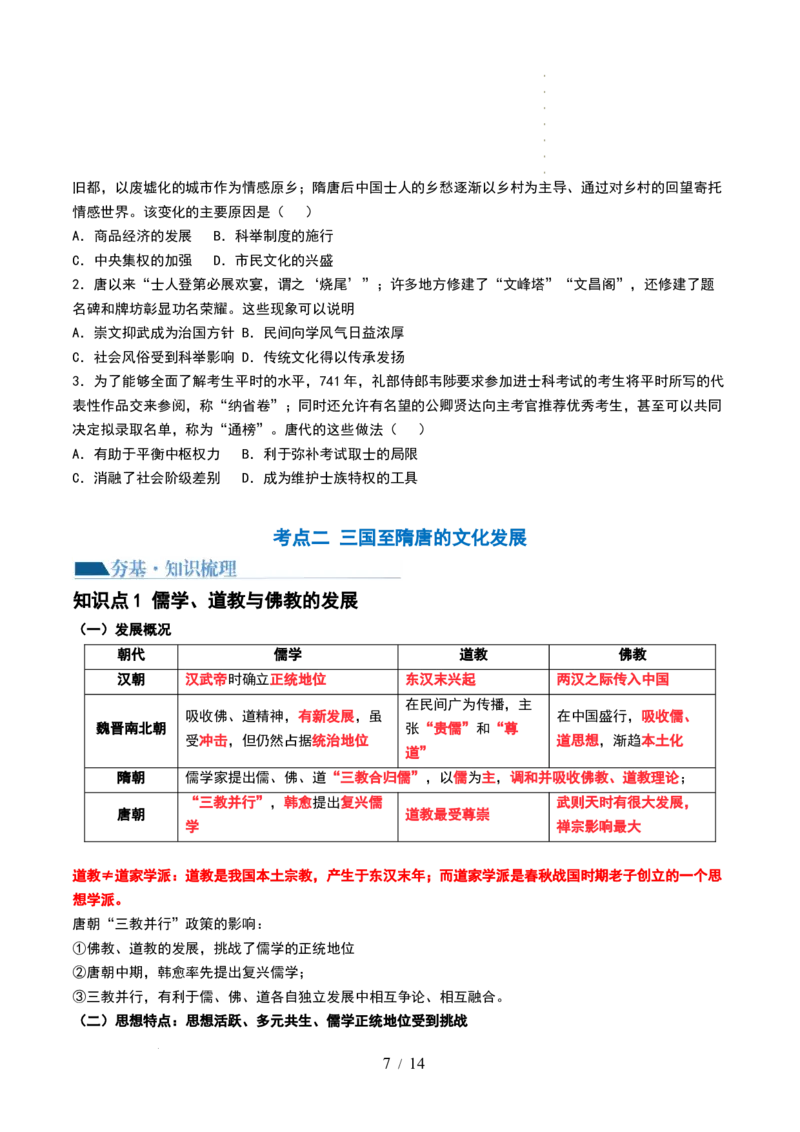 第05讲三国到隋唐的制度创新与文化发展（原卷版）_07高考历史_新高考复习资料_2024年新高考复习资料_一轮复习资料_完2024年高考历史一轮复习讲练测(课件+讲义+练习)（新高考）