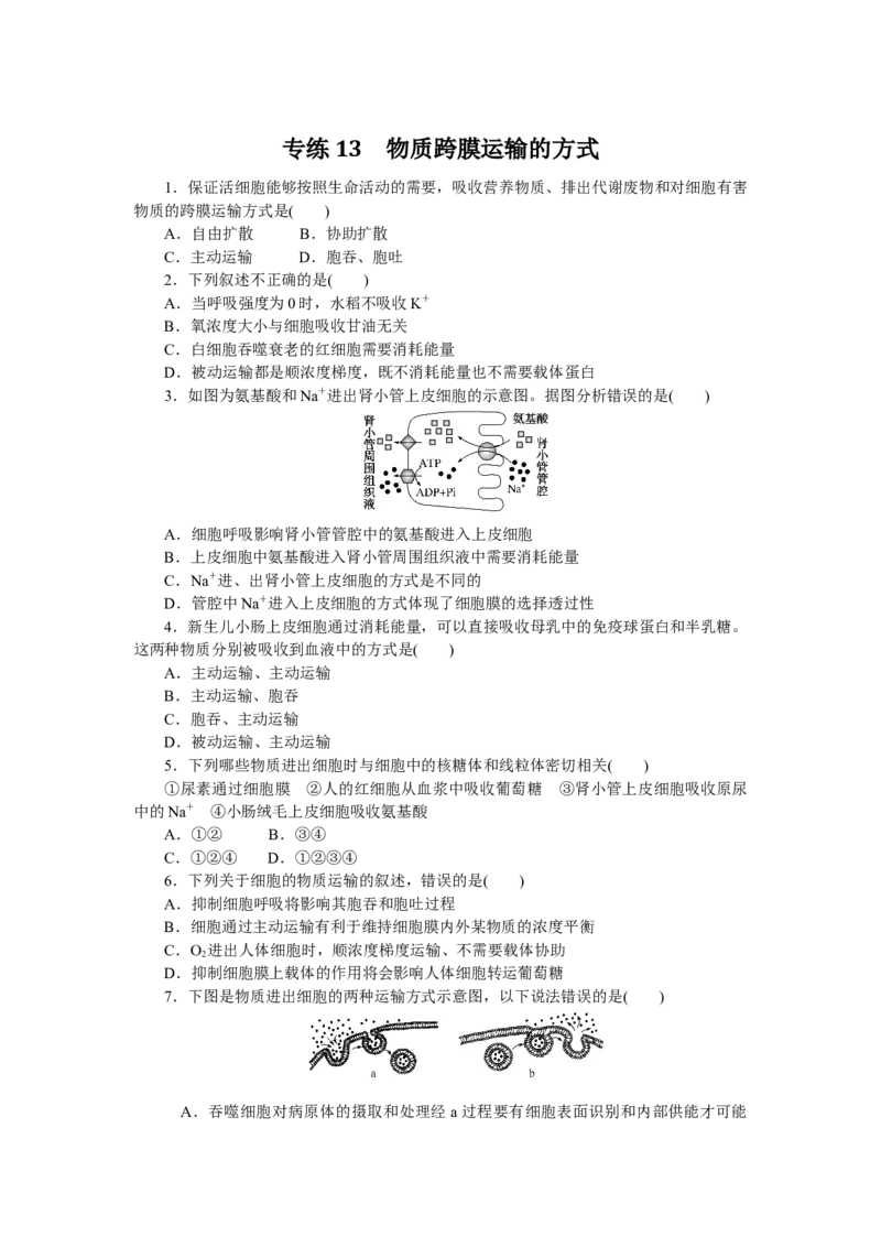 专练13　物质跨膜运输的方式_通用版（老高考）复习资料_2023年复习资料_专项复习_2023《微专题&middot;小练习》&middot;生物