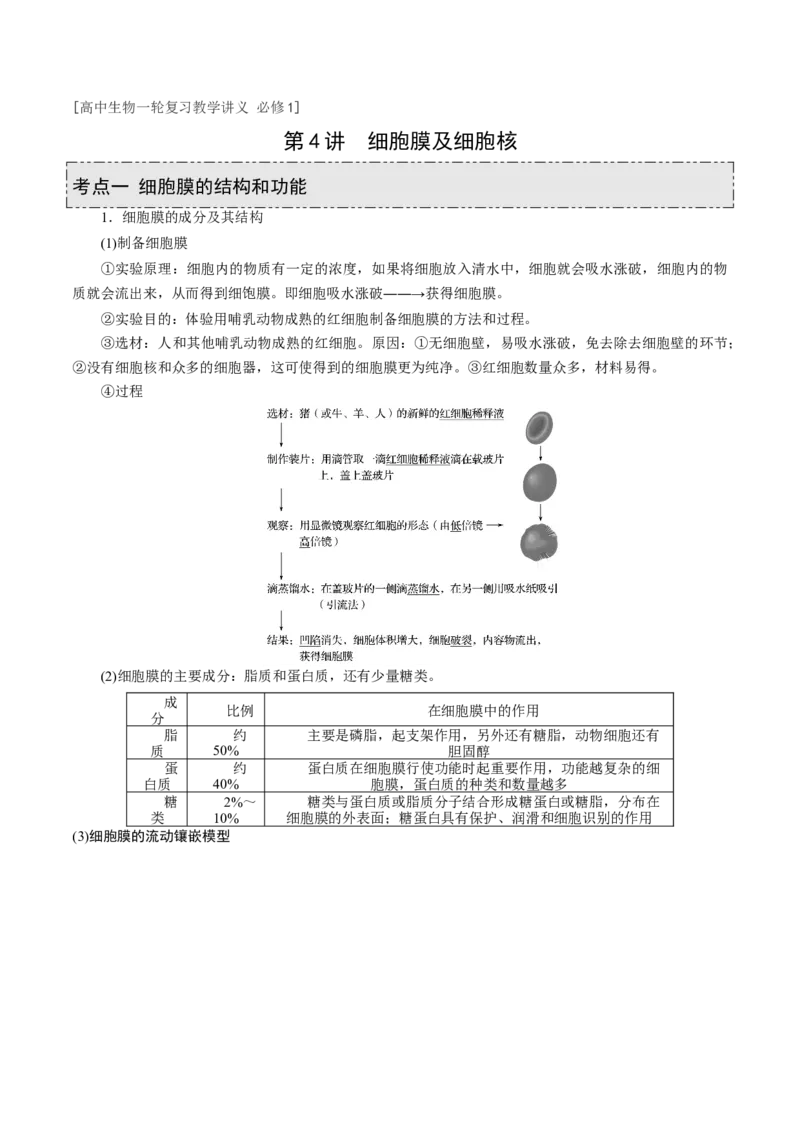 GKSW150_第4讲细胞膜及细胞核-备战2022年高考生物一轮复习精品讲义（人教版）(解析版)_新高考复习资料_2022年新高考复习资料_备战2022新高考生物一轮复习精品讲义（人教版）