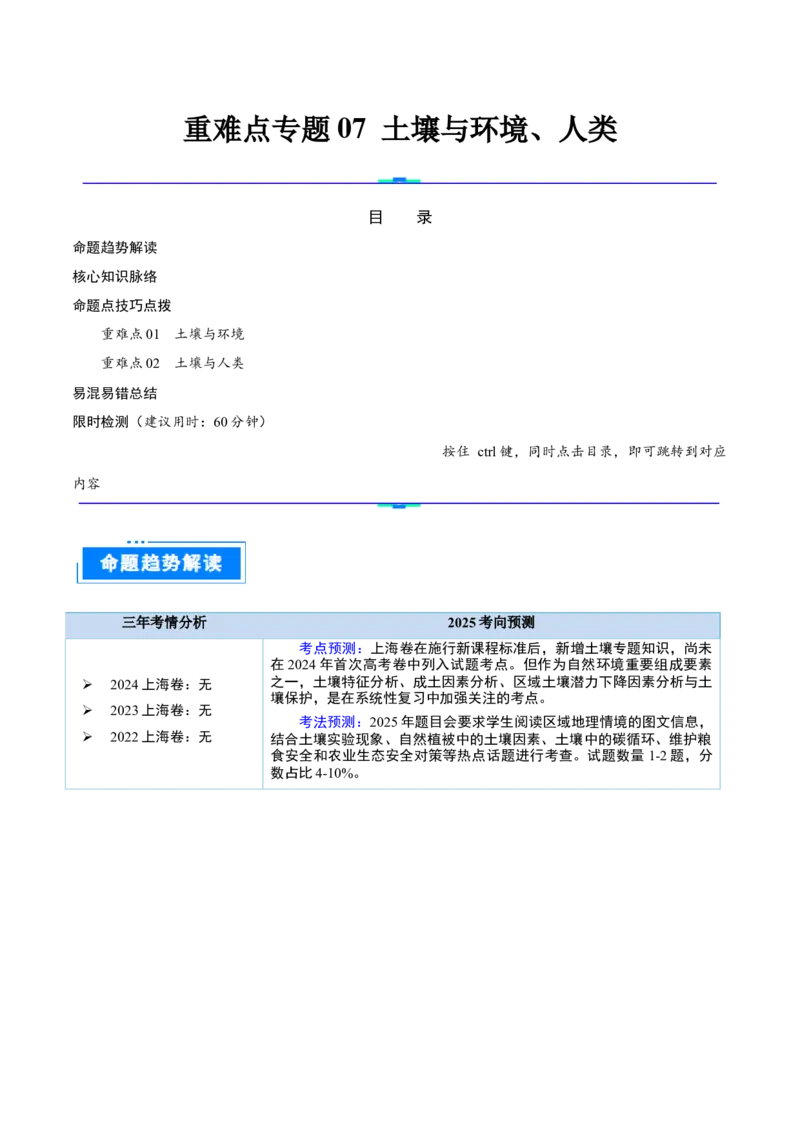 重难点专题07土壤与环境、人类（原卷版）_2025年新高考资料_二轮复习_01高考语文等多个文件_2025年高三地理高考二轮复习专项提升_重点&middot;难点&middot;热点专练（分地区）_上海专用