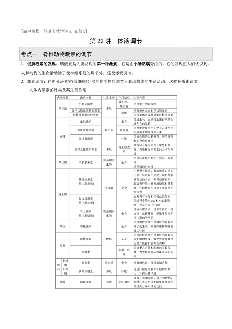 GKSW150_第22讲体液调节-备战2022年高考生物一轮复习精品讲义（人教版）(原卷版)_新高考复习资料_2022年新高考复习资料_备战2022新高考生物一轮复习精品讲义（人教版）