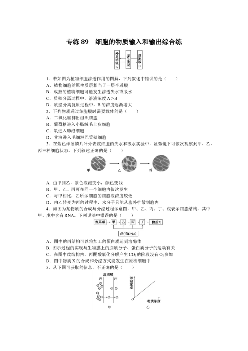 专练89　细胞的物质输入和输出综合练_通用版（老高考）复习资料_2023年复习资料_专项复习_2023《微专题&middot;小练习》&middot;生物