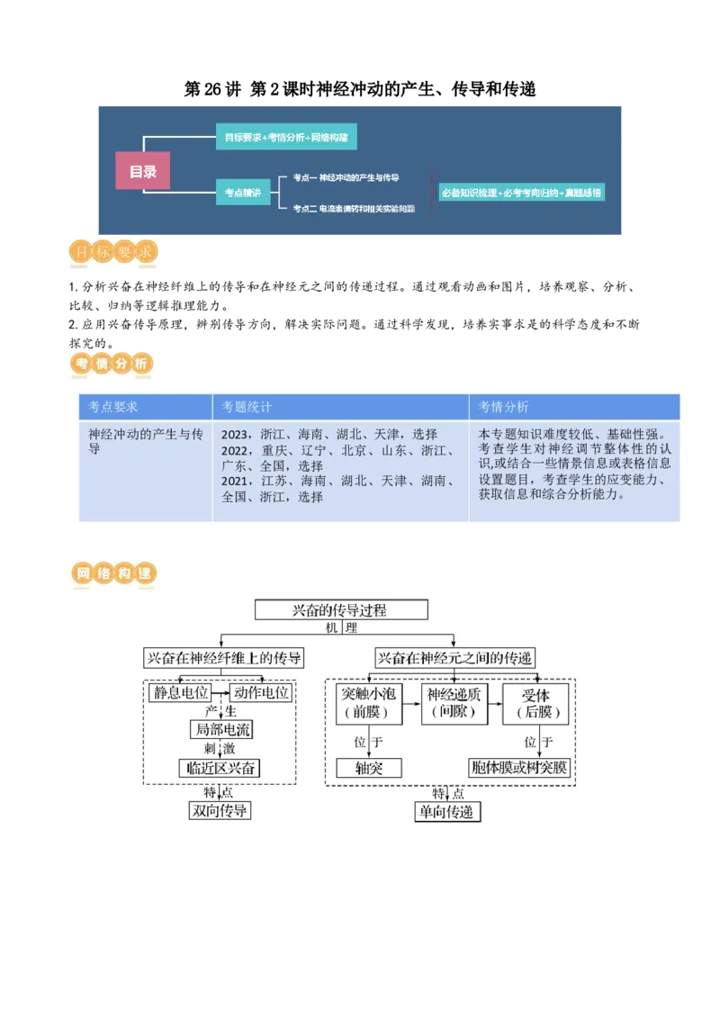 第26.2讲神经冲动的产生、传导和传递（讲义）（教师版）_2024年新高考资料_1.2024一轮复习_2024年高考生物一轮复习讲练测（新教材新高考）