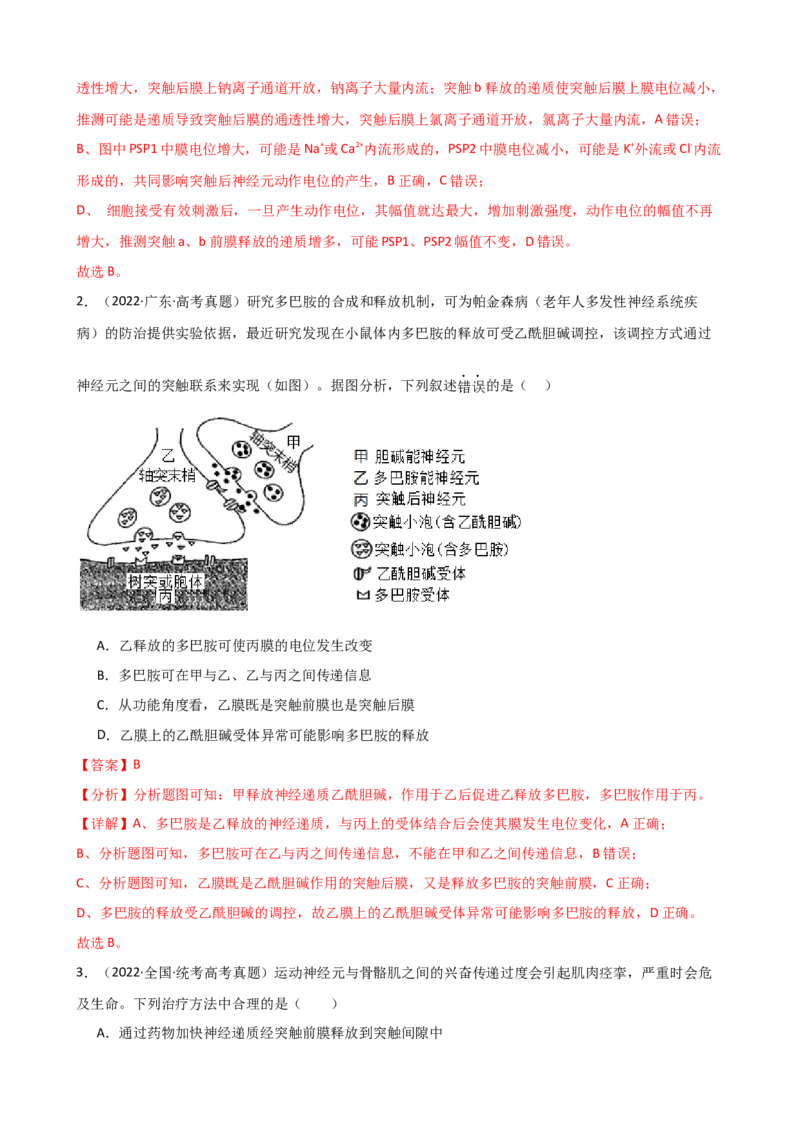 第26.2讲神经冲动的产生、传导和传递（讲义）（教师版）_2024年新高考资料_1.2024一轮复习_2024年高考生物一轮复习讲练测（新教材新高考）