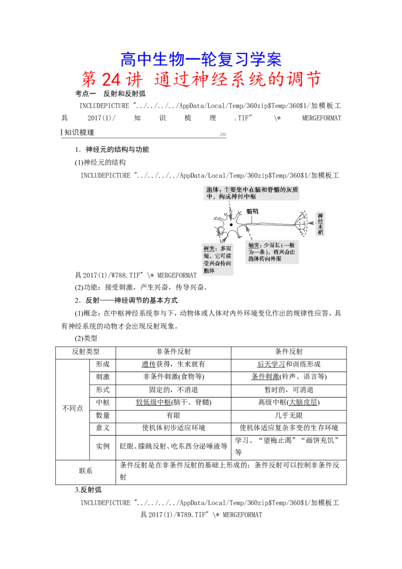 [12533099]高中生物一轮复习学案：第24讲　通过神经系统的调节_新高考复习资料_2023年新高考复习资料_一轮复习_精讲精练2023届新高考生物一轮复习学案