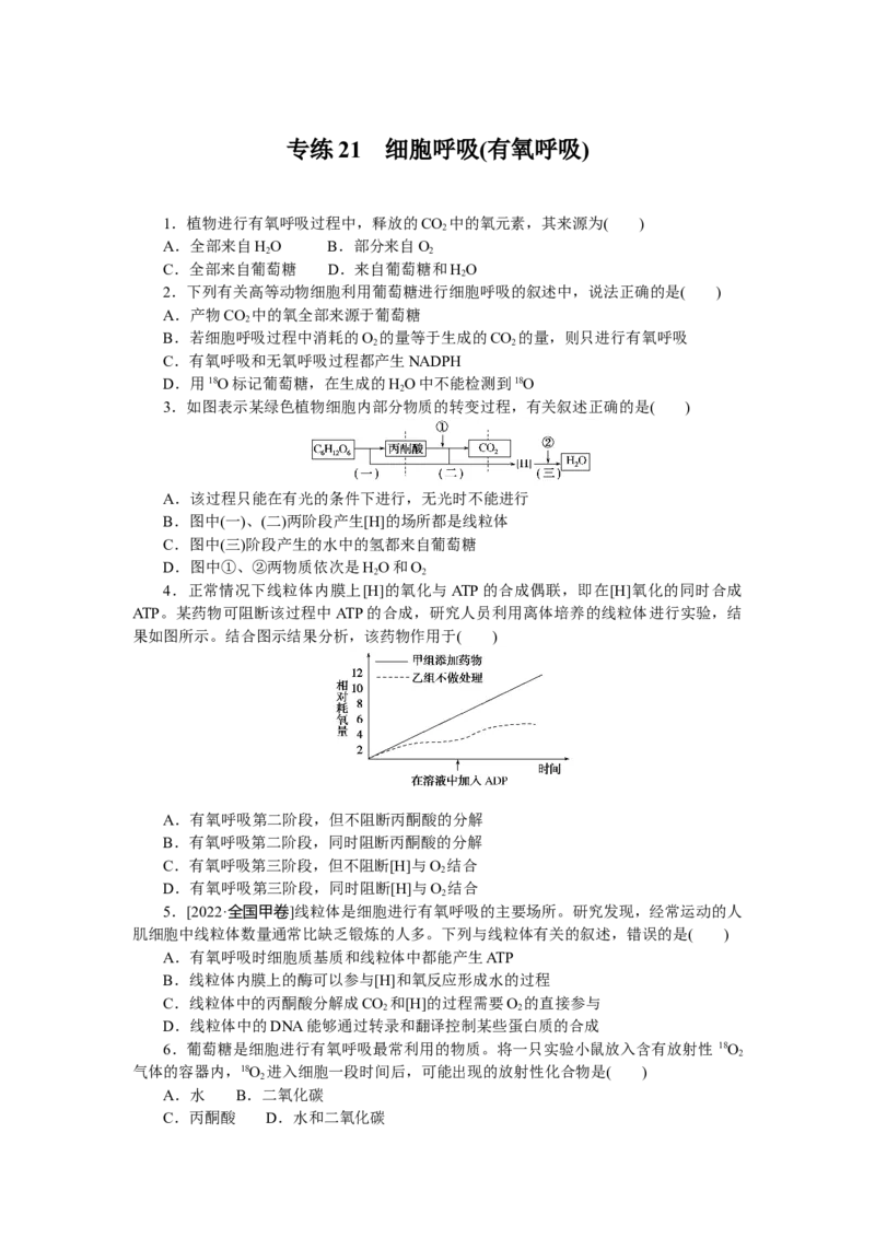 专练21　细胞呼吸(有氧呼吸)_新高考复习资料_2023年新高考复习资料_专项复习_2023《微专题&middot;小练习》&middot;生物&middot;新教材&middot;XL-7