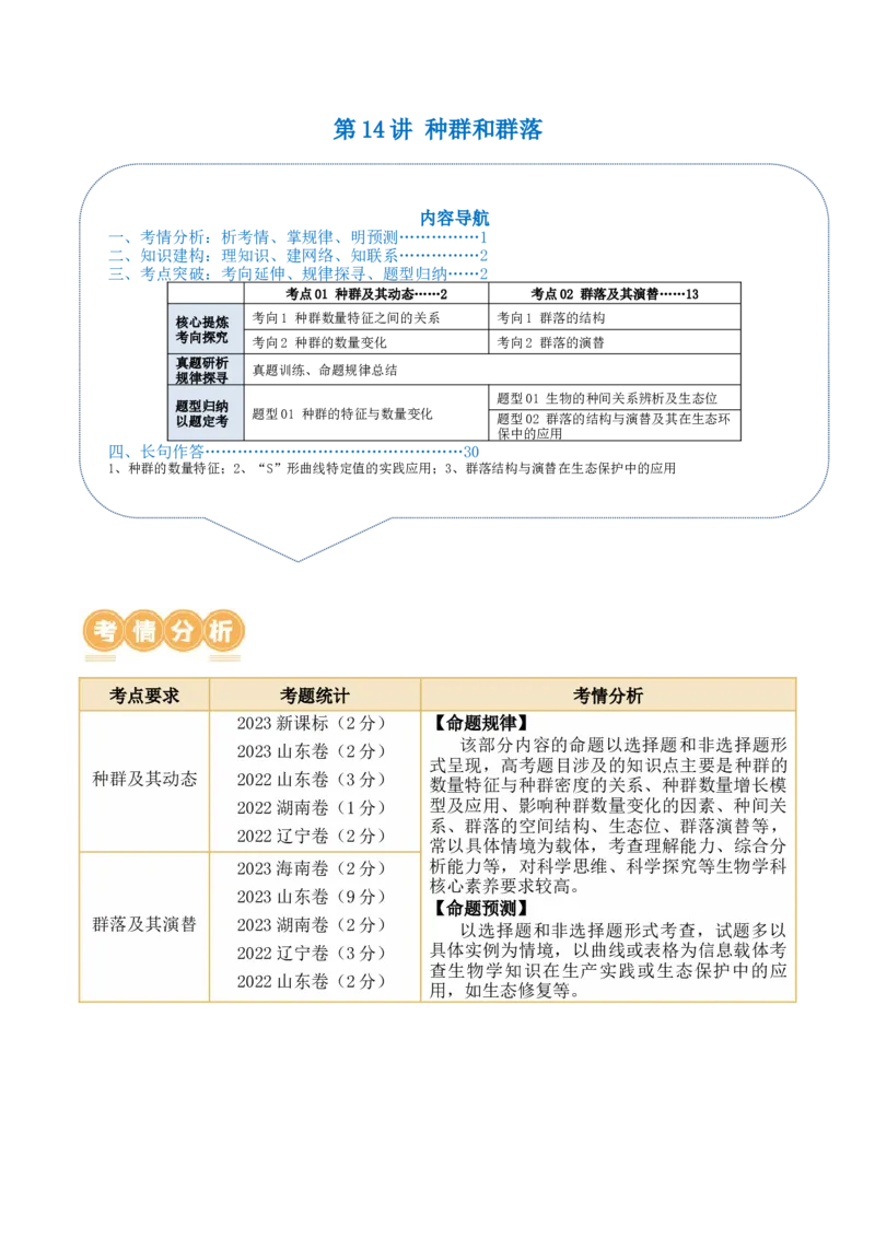 第14讲种群和群落（讲义）解析版_2024年新高考资料_2.2024二轮复习_2024年高考生物二轮复习讲练测（新教材新高考）
