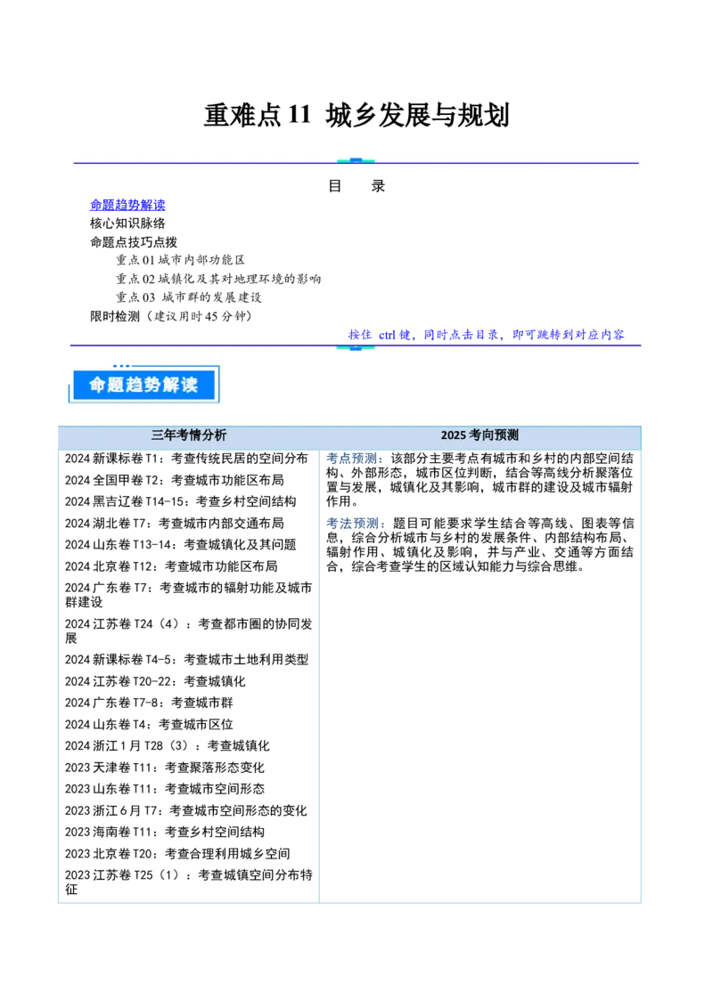 重难点11城乡发展与规划（原卷版）_2025年新高考资料_二轮复习_01高考语文等多个文件_2025年高三地理高考二轮复习专项提升_重点&middot;难点&middot;热点专练（分地区）