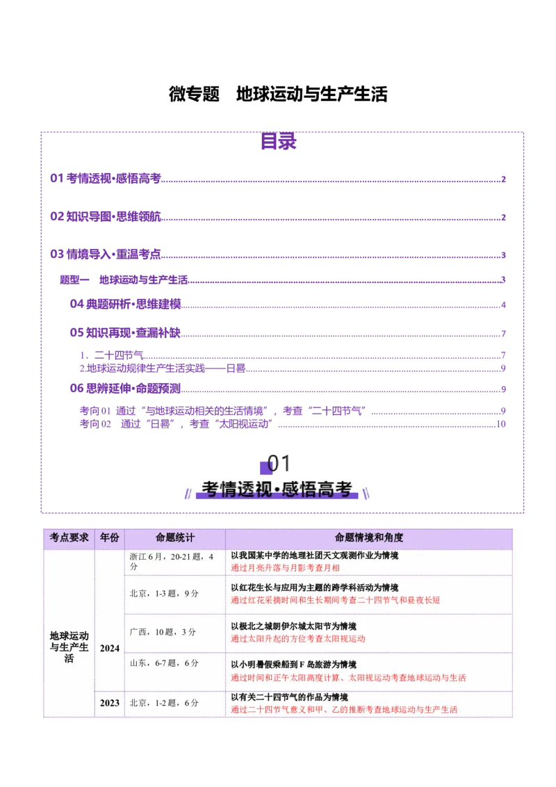微专题地球运动与生产生活（讲义）（解析版）_2025年新高考资料_二轮复习_01高考语文等多个文件_2025年高三地理高考二轮复习专项提升_二轮讲义