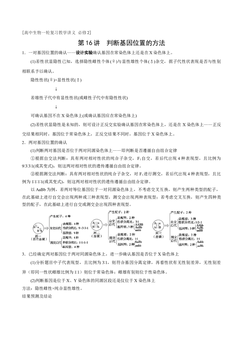 GKSW150_第16讲判断基因位置的方法-备战2022年高考生物一轮复习精品讲义（人教版）(原卷版)_新高考复习资料_2022年新高考复习资料_备战2022新高考生物一轮复习精品讲义（人教版）