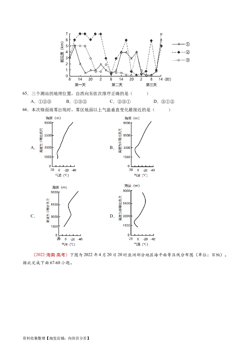 专题03地球上的大气及其运动-学易金卷：五年（2019-2023）高考地理真题分项汇编（原卷版）_通用版（老高考）复习资料_2024年复习资料