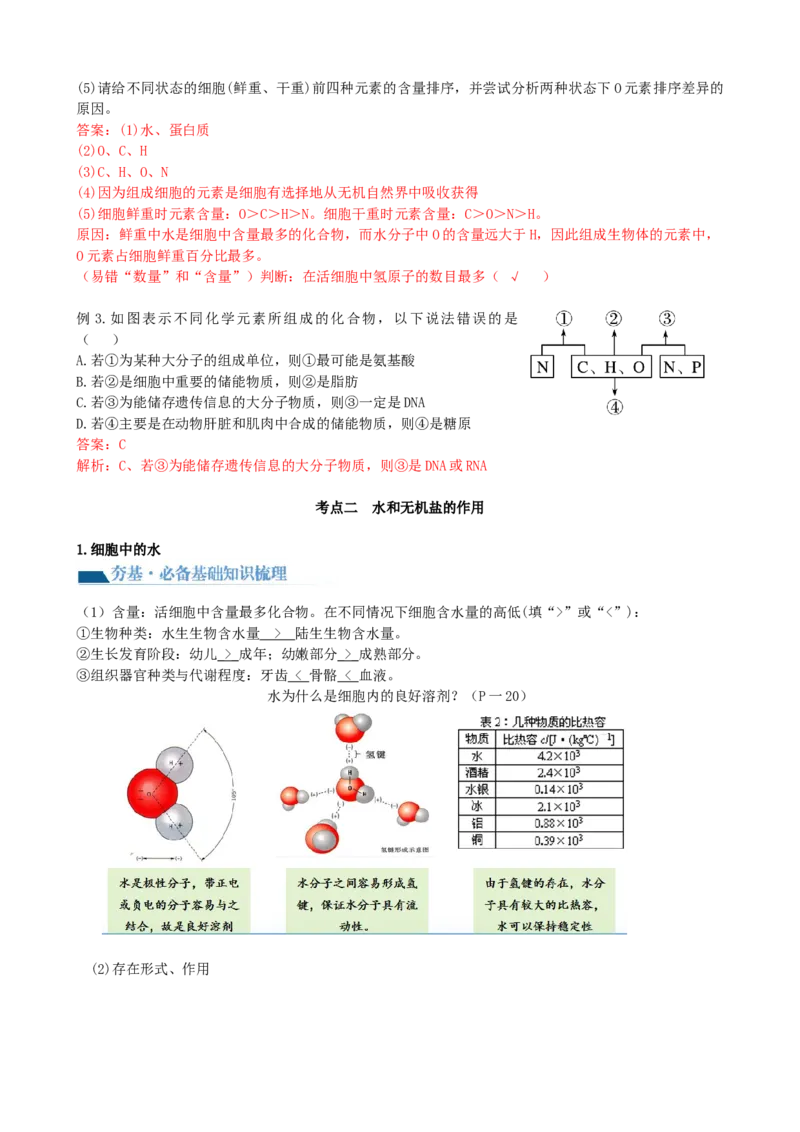 第2讲细胞中的元素和化合物（讲义）（教师版）_2024年新高考资料_1.2024一轮复习_2024年高考生物一轮复习讲练测（新教材新高考）